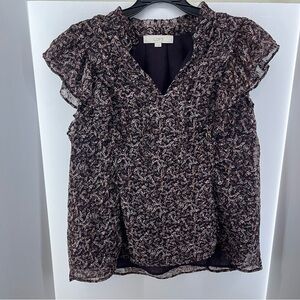 Loft Brown, Red, Orange, Yellow, and Black Short-Sleeved Blouse, Women's Size L